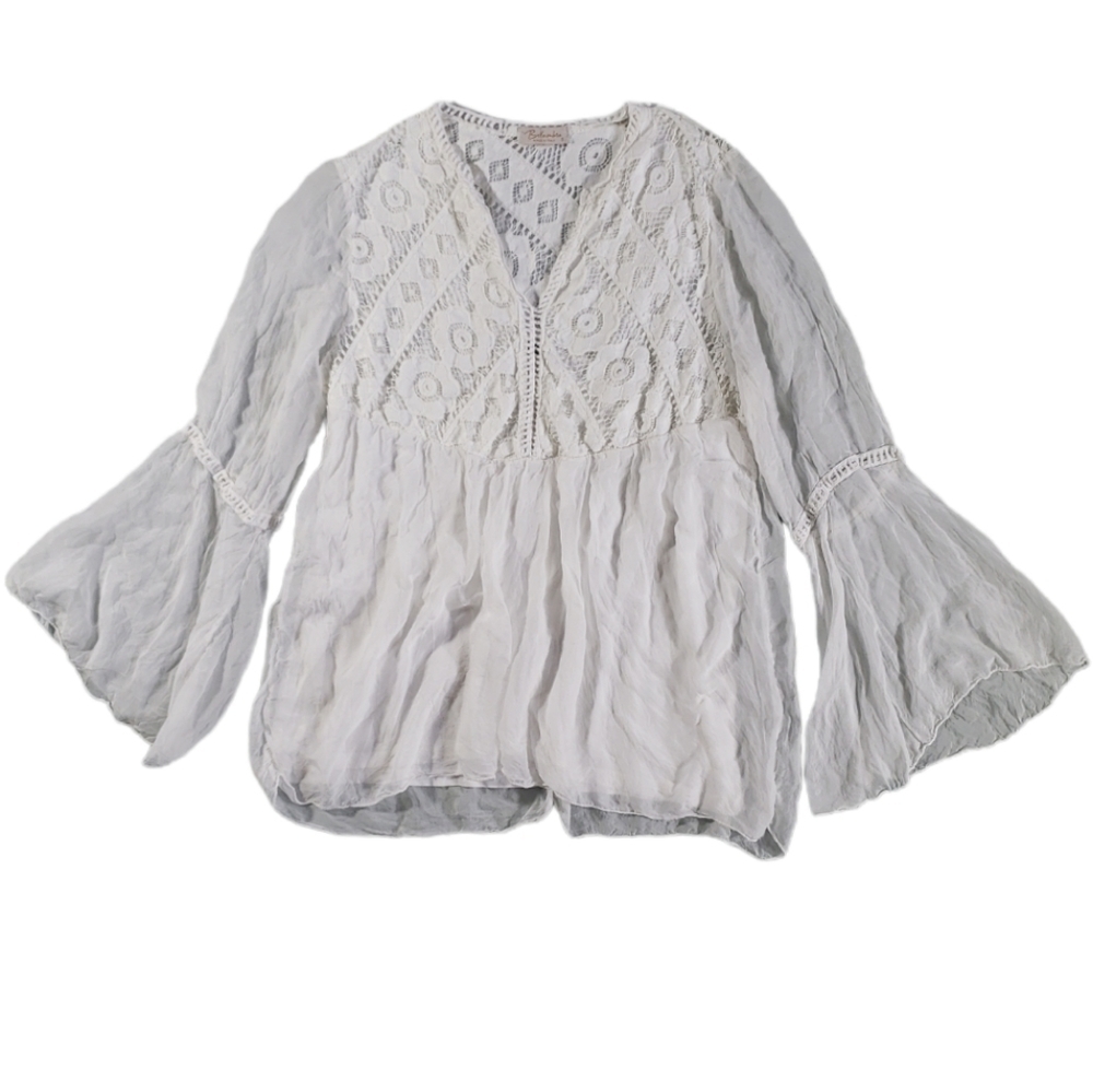 Bellambia 100% Italian Silk Bell Sleeve Lace Floral Top Size S
